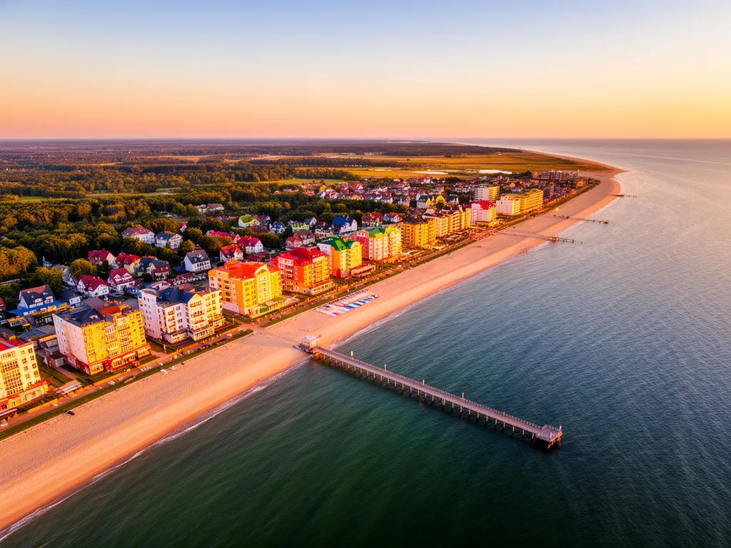 Panorama Władysławowa z lotu ptaka pokazująca plażę i noclegi przy nadmorskiej promenadzie