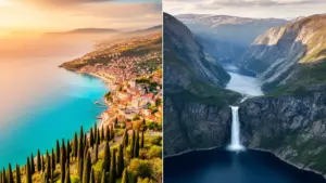 Porównanie krajobrazów Włochy Norwegia - wybrzeże Morza Śródziemnego i norweskie fiordy w jednym ujęciu