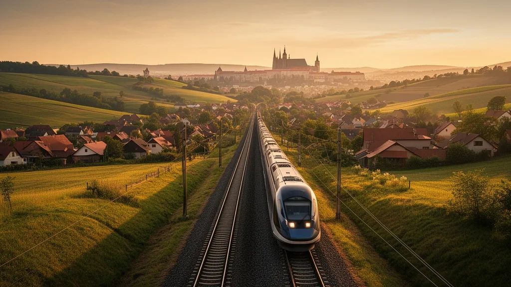 Pociąg Wrocław Praga jadący malowniczą trasą przez czeskie wzgórza w kierunku stolicy Czech