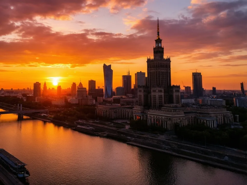 Wschód słońca Warszawa nad Wisłą z widokiem na Pałac Kultury i panoramę miasta w porannym złotym świetle