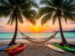 Tropikalna plaża z hamakiem i sprzętem wodnym idealna na wyjazdy dla singli i aktywny wypoczynek