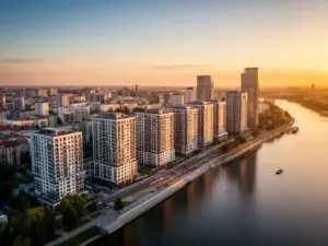 Panorama Warszawy z nowoczesnymi budynkami mieszkalnymi idealnymi pod wynajem mieszkania Warszawa dla turystów i biznesmenów
