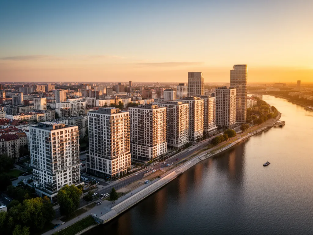 Panorama Warszawy z nowoczesnymi budynkami mieszkalnymi idealnymi pod wynajem mieszkania Warszawa dla turystów i biznesmenów