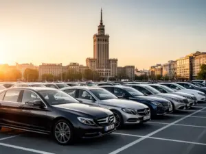 Wynajem samochodu Warszawa - parking wypożyczalni aut z Pałacem Kultury w tle, centrum stolicy Polski