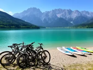 Wyskocz na rower plaża sup kawa nad jeziorem czorsztyńskim – turkusowa tafla wody z widokiem na Tatry i Pieniny
