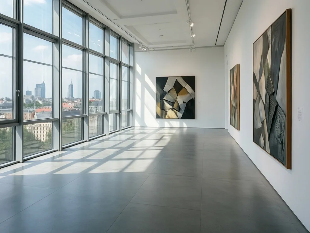 Nowoczesna galeria sztuki prezentująca wystawy Warszawa z widokiem na panoramę stolicy przez duże okna