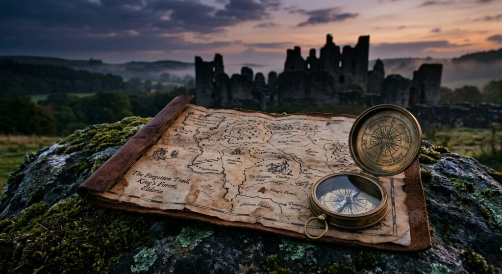 A cinematic, professional editorial shot of an open vintage leather map resting on a moss-covered st