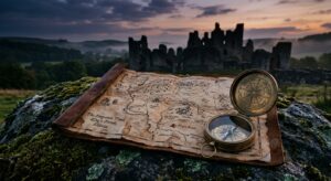 A cinematic, professional editorial shot of an open vintage leather map resting on a moss-covered st