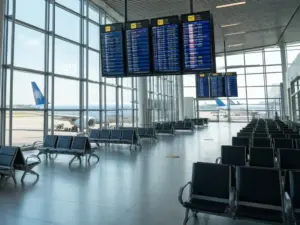 Nowoczesny terminal lotniskowy z tablicami odlotów symbolizujący wyjazd za granicę