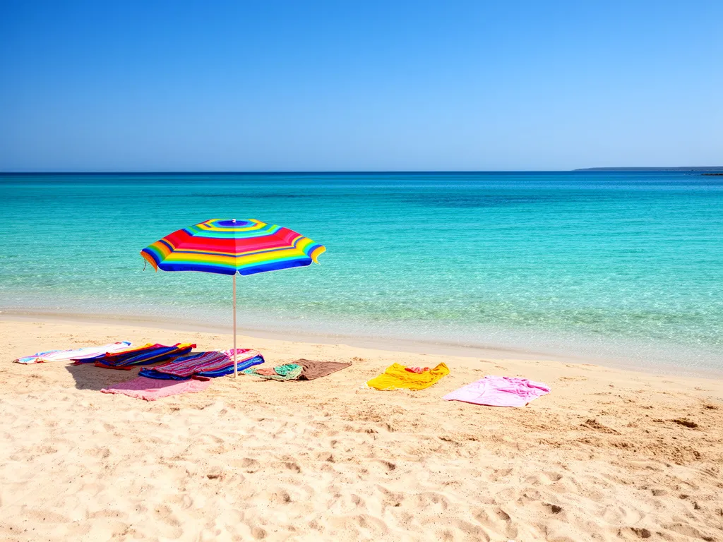 Plaża z parasolem i ręcznikami symbolizująca wakacje letnie - za ile miesięcy są wakacje w Polsce