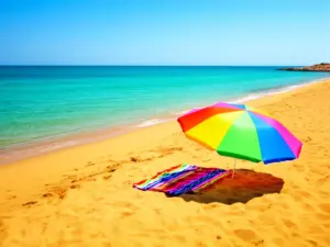 Pusta plaża z parasolem i ręcznikiem symbolizująca odpoczynek podczas wakacji letnich za ile tygodni są wakacje