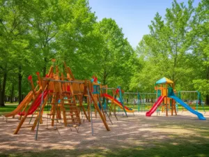 Kolorowy plac zabaw z drewnianymi konstrukcjami - idealne zabawy dla dzieci na świeżym powietrzu
