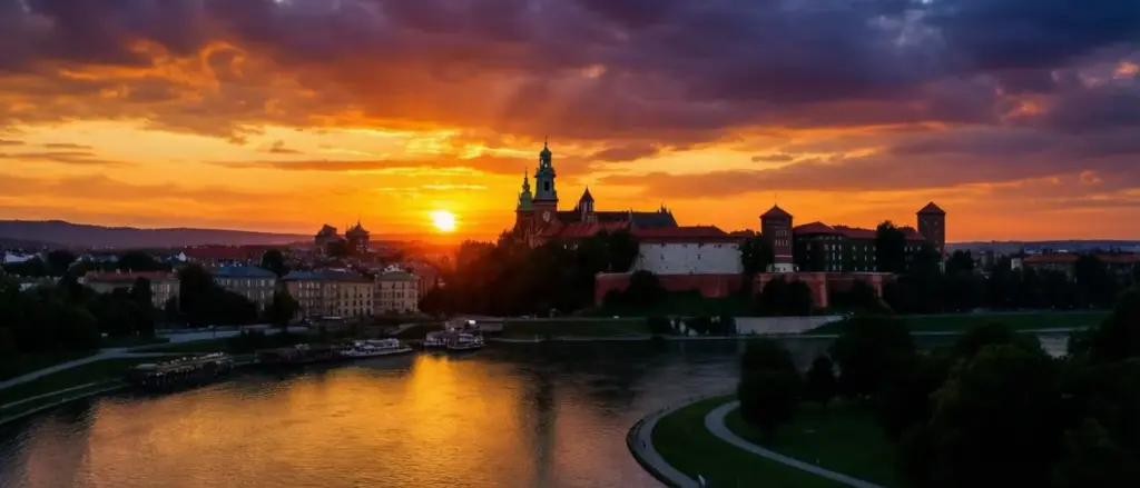 Zachód słońca Kraków - widok na Wawel i Wisłę w złotych promieniach słonecznych o zmierzchu