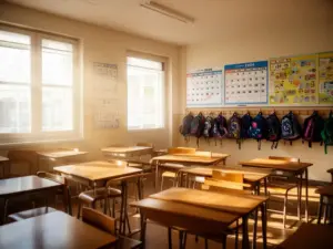 Pusta klasa szkolna symbolizująca zakaz wyjazdu dzieci na wakacje w roku szkolnym 2026 podczas obowiązku nauki