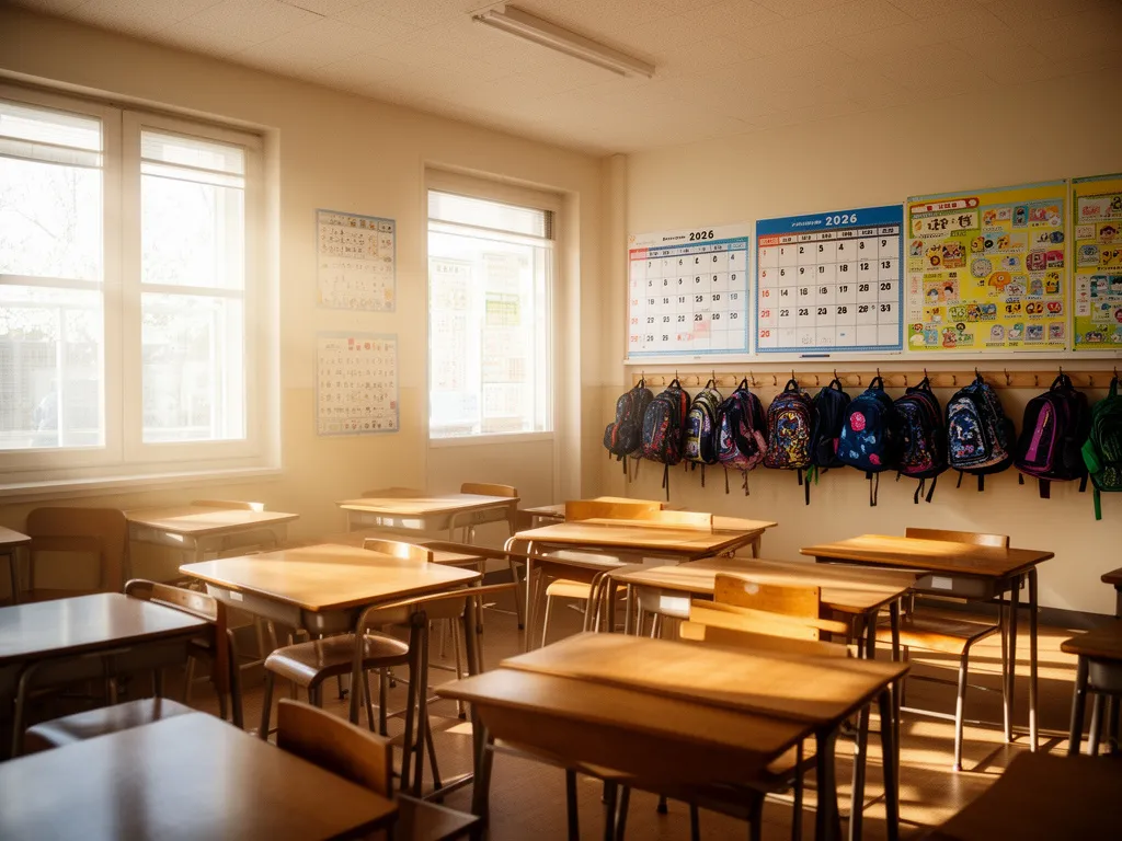 Pusta klasa szkolna symbolizująca zakaz wyjazdu dzieci na wakacje w roku szkolnym 2026 podczas obowiązku nauki
