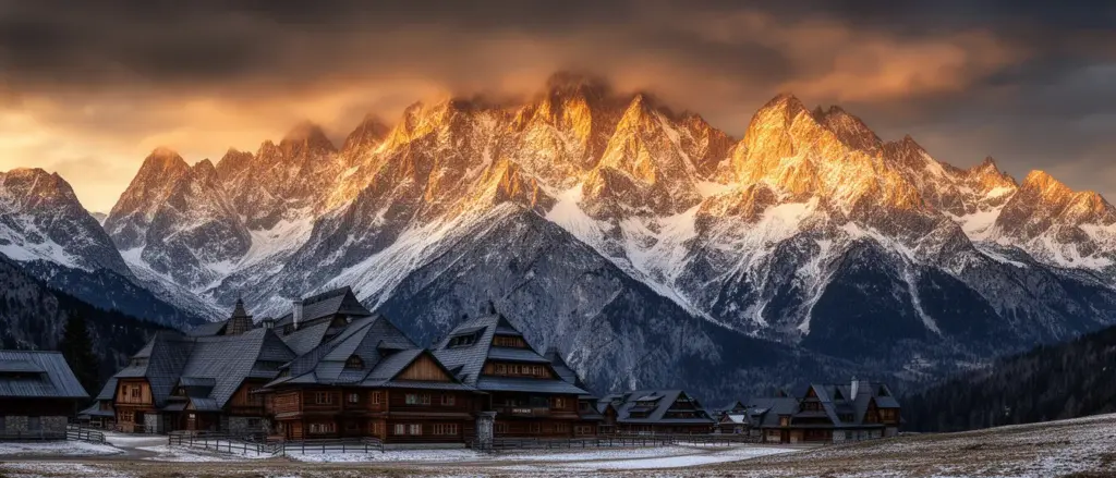 Zakopane atrakcje - panorama Tatr z tradycyjną drewnianą architekturą góralską na pierwszym planie