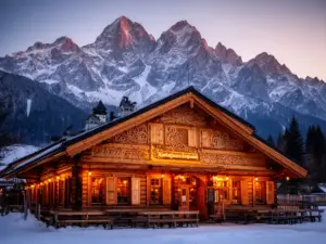 Zakopane restauracje - tradycyjna góralska karczma na tle Tatr w zimowej scenerii