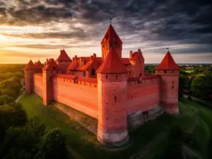 Zamek hotel Gniew - widok na czerwoną ceglastą twierdzę krzyżacką z wieżami i murami obronnymi