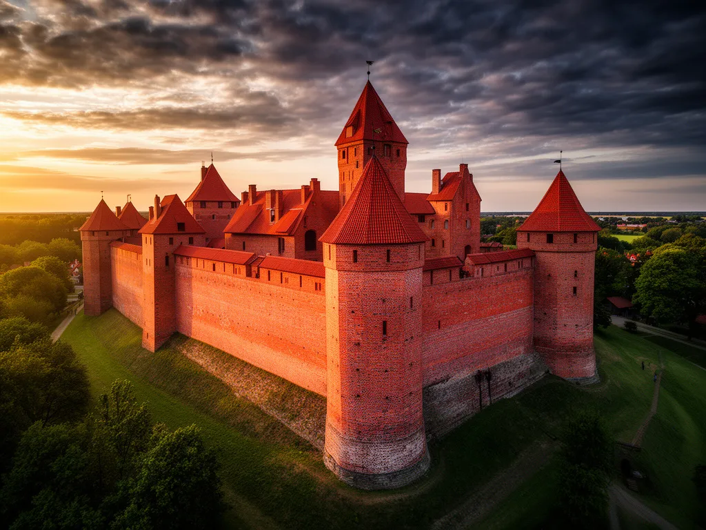 Zamek hotel Gniew - widok na czerwoną ceglastą twierdzę krzyżacką z wieżami i murami obronnymi