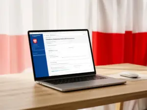 Laptop z formularzem zameldowania online na ekranie – elektroniczne zgłoszenie pobytu w Polsce przez Internet