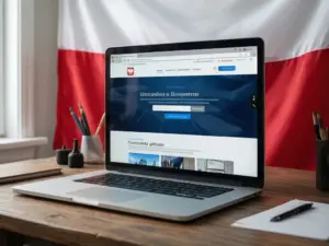 Zameldowanie online przez internet - laptop z formularzem elektronicznym na stronie gov.pl do zgłoszenia pobytu stałego