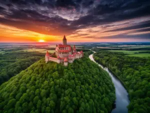 Widok z lotu ptaka na średniowieczny zamek – zamki w Polsce oferują unikalne krajobrazy i bogatą historię architektury