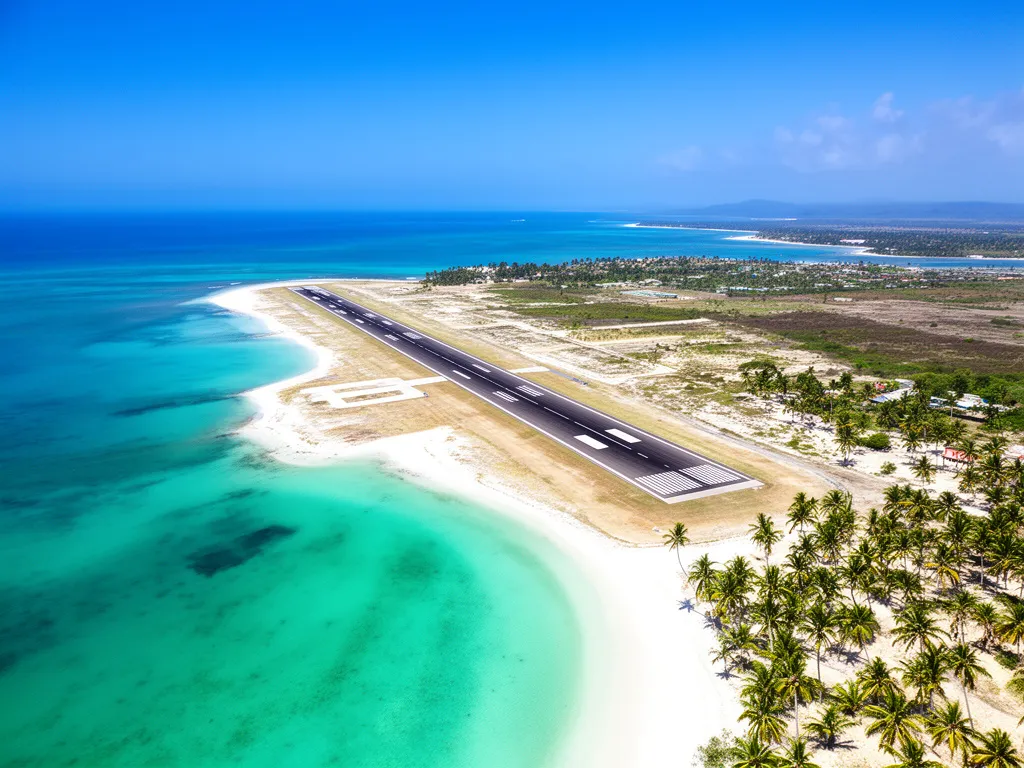 Zanzibar loty – widok na lotnisko i wybrzeże wyspy z lotu ptaka, turkusowy ocean i plaże
