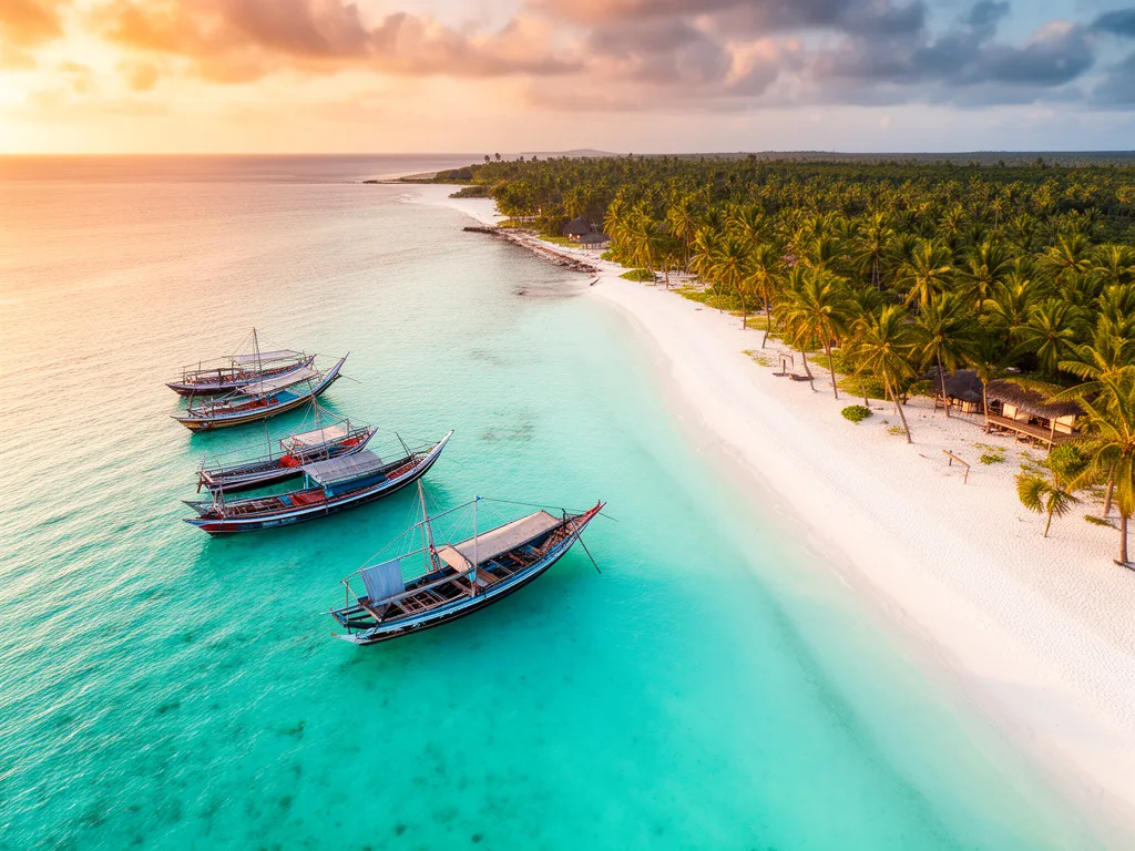 Zanzibar wycieczka - turkusowa plaża z białym piaskiem i tradycyjnymi łodziami dhow na Oceanie Indyjskim