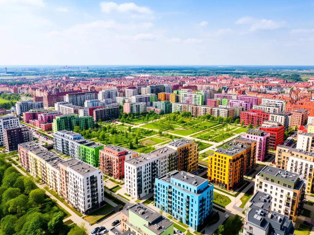 Zaspa Gdańsk - widok na nowoczesną dzielnicę z kolorowymi blokami mieszkalnymi i terenami zielonymi