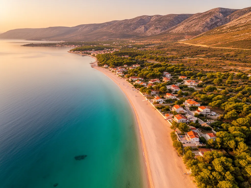 Zaton Chorwacja - widok na zatokę z piaszczystymi plażami i spokojnymi wodami Adriatyku w Dalmacji Północnej