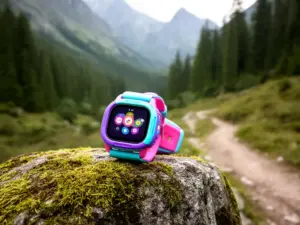 Kolorowy zegarek dla dziecka z funkcją GPS na tle górskiego szlaku i leśnej ścieżki