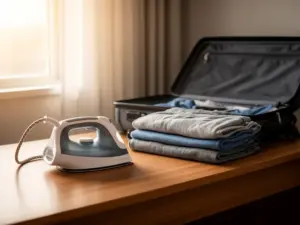 Żelazko turystyczne na biurku hotelowym obok złożonych ubrań i walizki podczas podróży
