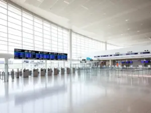Nowoczesny terminal lotniskowy symbolizujący wyjazd za granicę wymagający zgody na wyjazd dziecka za granicę