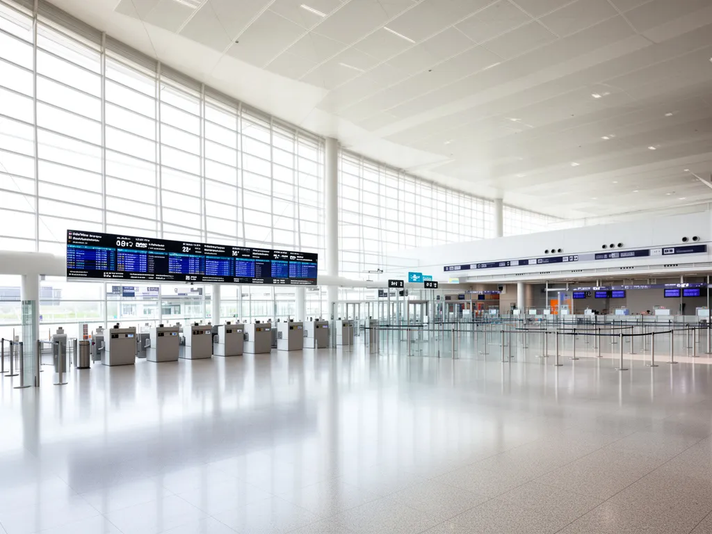 Nowoczesny terminal lotniskowy symbolizujący wyjazd za granicę wymagający zgody na wyjazd dziecka za granicę