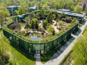 Widok z lotu ptaka na Zoo Gdańsk w Oliwie z zielonymi wybiegami dla zwierząt i alejkami spacerowymi