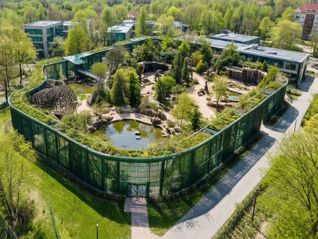 Widok z lotu ptaka na Zoo Gdańsk w Oliwie z zielonymi wybiegami dla zwierząt i alejkami spacerowymi