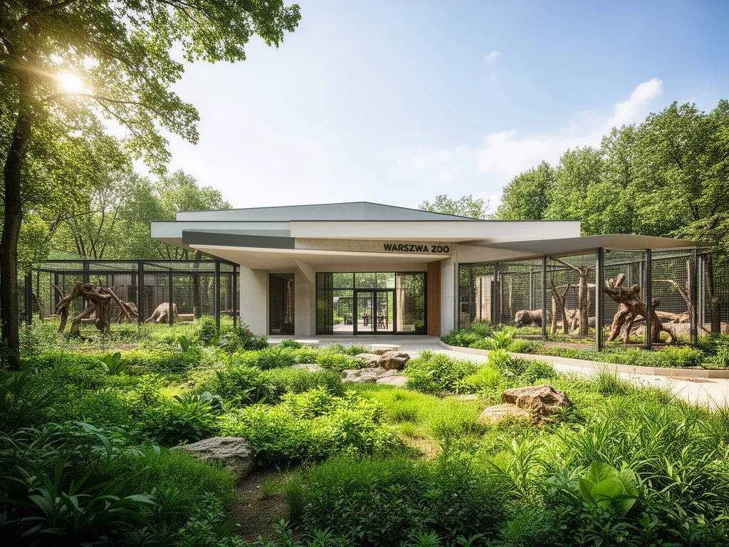 Nowoczesne wejście do zoo praga z zielonymi alejkami i wybiegami dla zwierząt w tle
