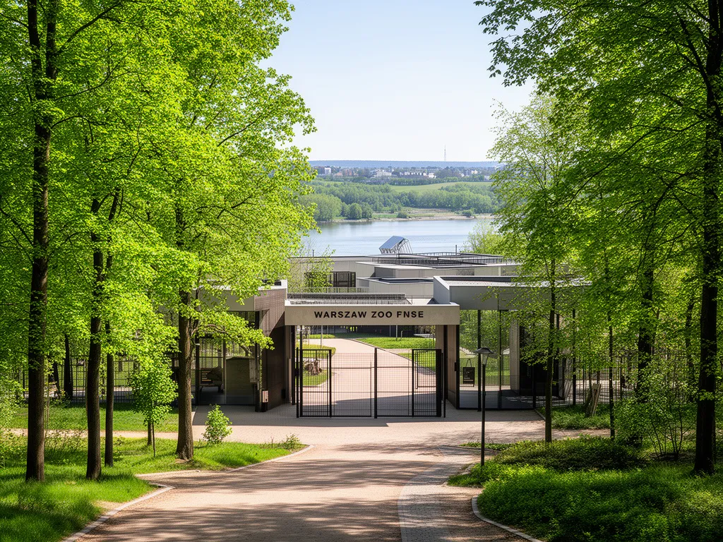 Główne wejście do zoo Warszawa otoczone zielenią i alejkami spacerowymi nad Wisłą
