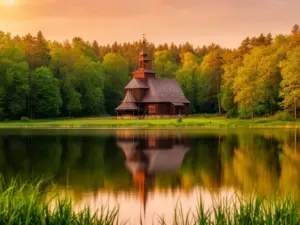 Malowniczy widok na Zwierzyniec nad jeziorem - idealne miejsce na noclegi w Roztoczu otoczone lasami