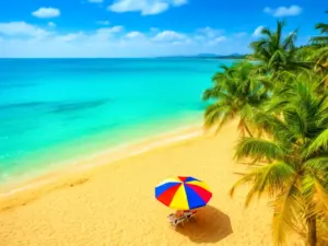 Piękna plaża z palmami i turkusową wodą – idealne tło do życzeń na wakacje dla bliskich